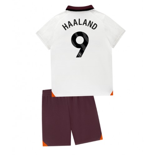 Fotballdrakt Barn Manchester City Erling Haaland #9 Bortedraktsett 2023-24 Kortermet (+ Korte bukser)